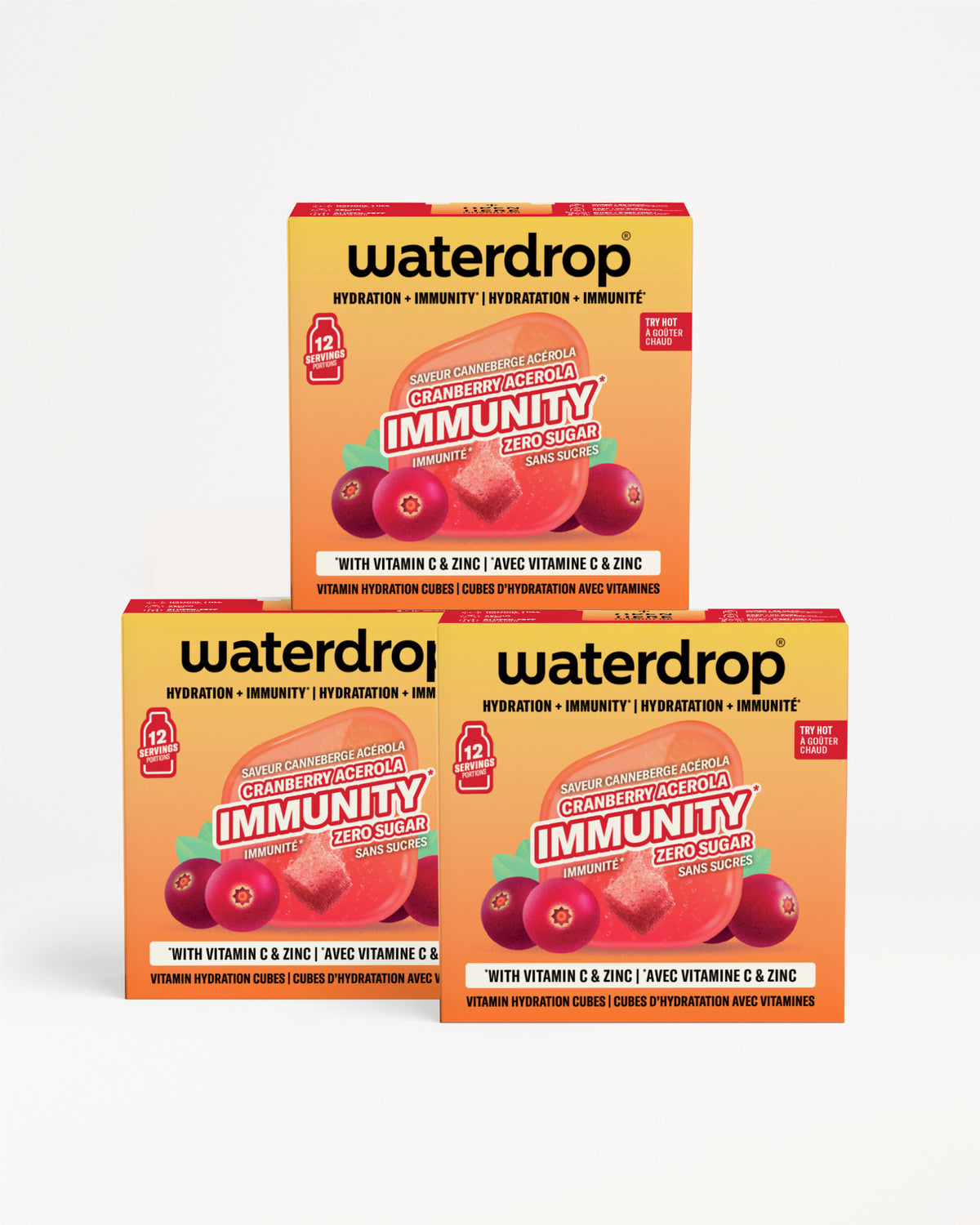 Три портокалово-жолти кутии Waterdrop имунитет се поставени едни врз други со графика на бобинки.