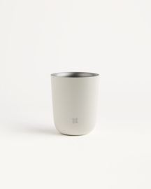 Steel Cup with a silver rim and blue lid, featuring a logo. The cup is double-walled stainless steel, ideal for hot and cold drinks.