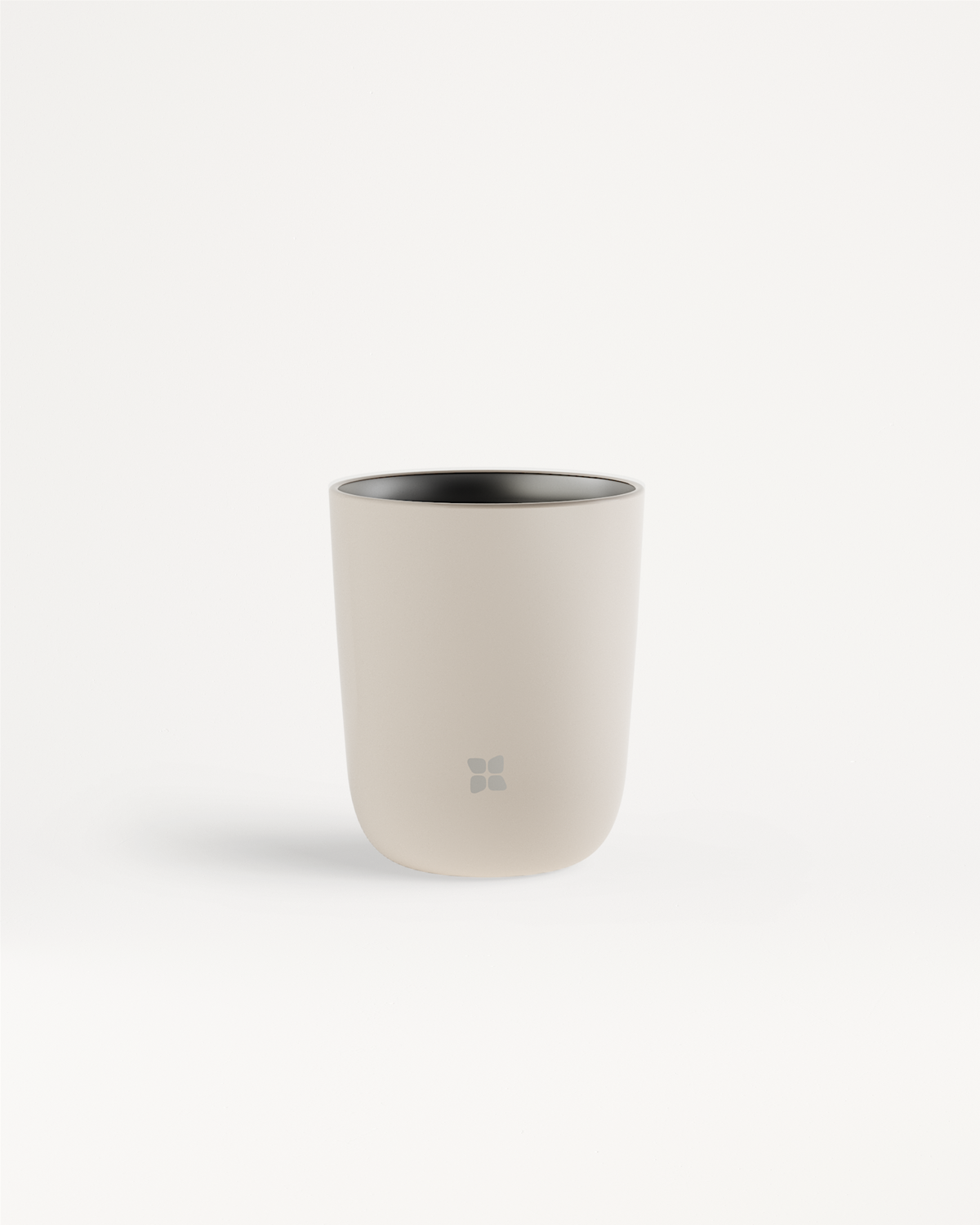 Steel cup with double-walled stainless steel design and black sip lid, ideal for hot and cold beverages, displayed on a white surface.