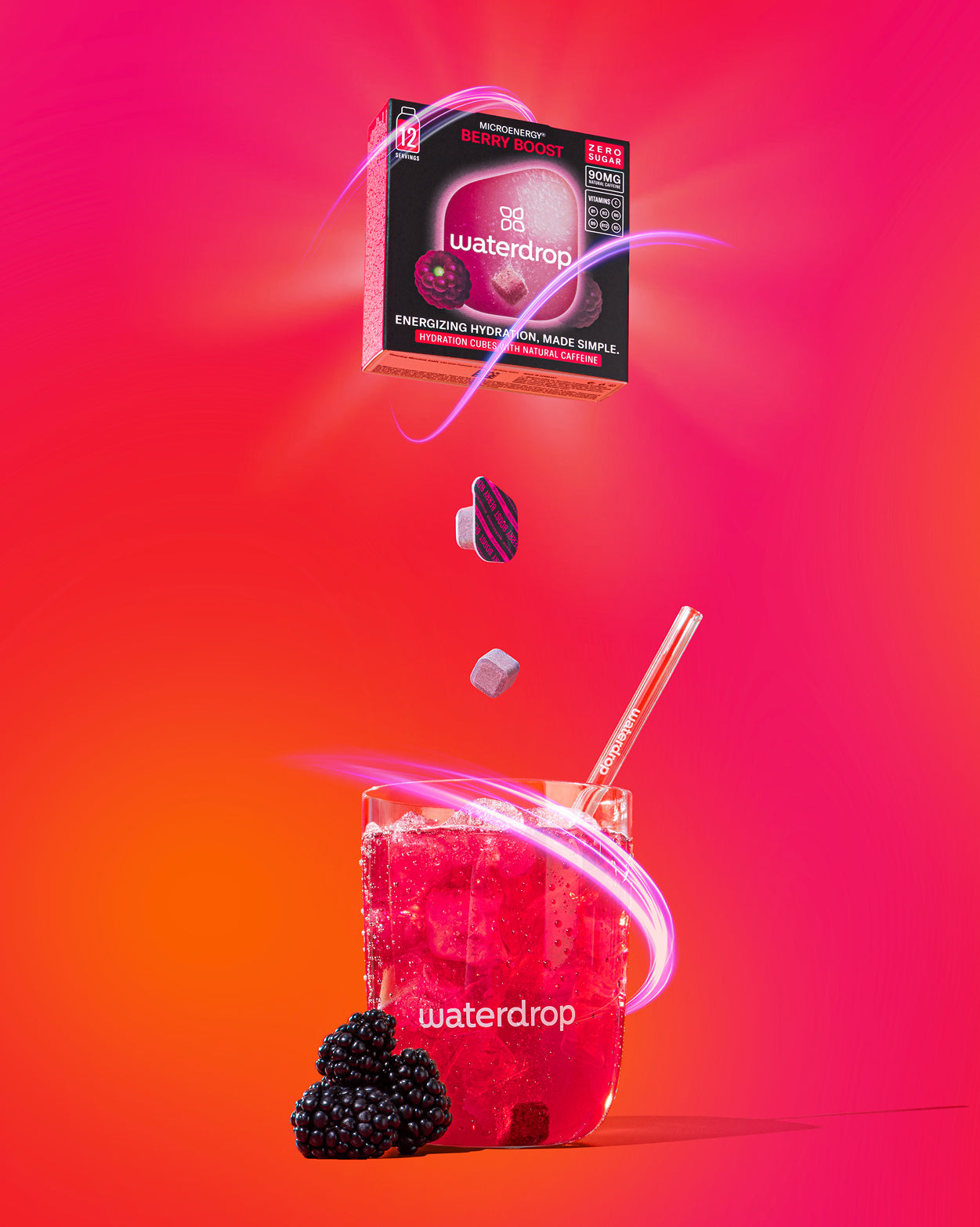 Active Mode Set: Berry Boost cubes with iced drink and blackberries.