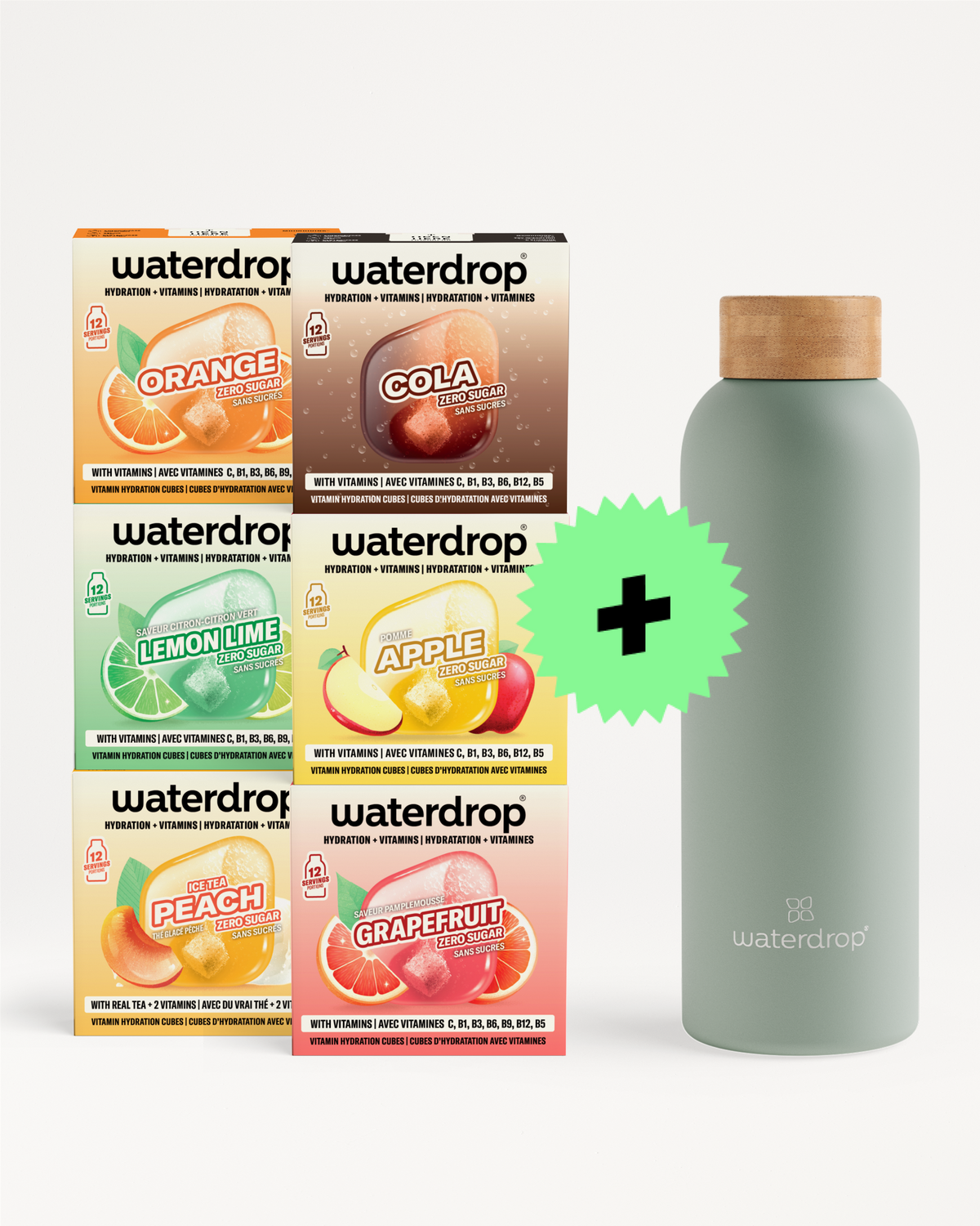 Различни Waterdrop кутии се поставени покрај светлозелена повторно употреблива боца со чеп.