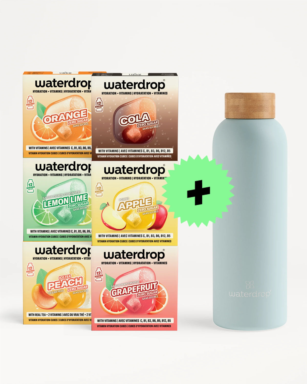 Различни Waterdrop кутии со вкусови се поставени еден покрај друга до светло синa повторно употреблива боца.