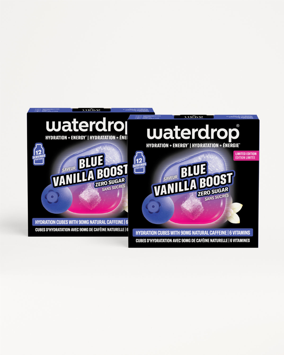 Два сини кутии Blue Vanilla Boost хидрацијон коцки на бела позадина.