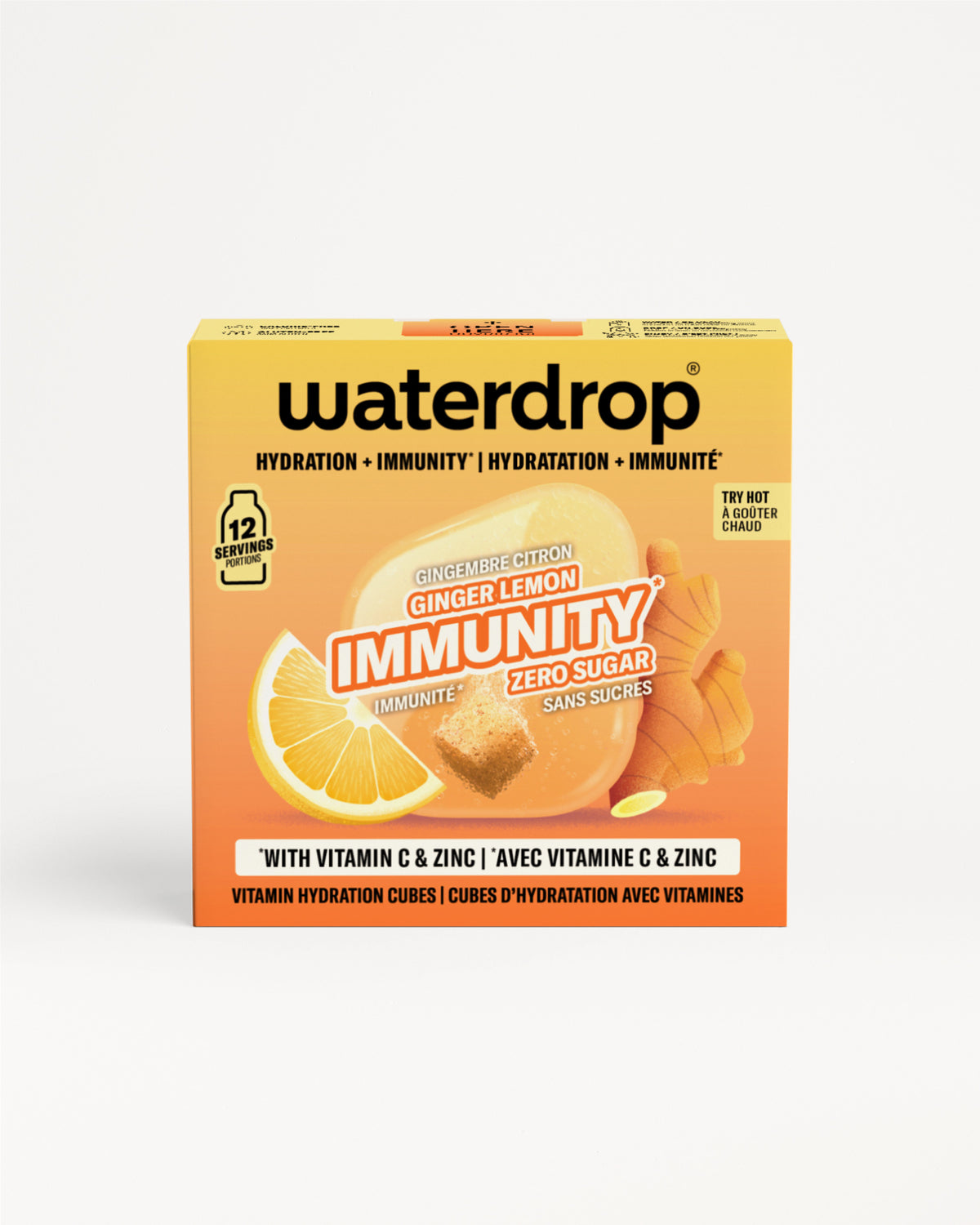 Portokalna kutija Waterdrop imunost za imunitet so prikaz na limon i đumbir.