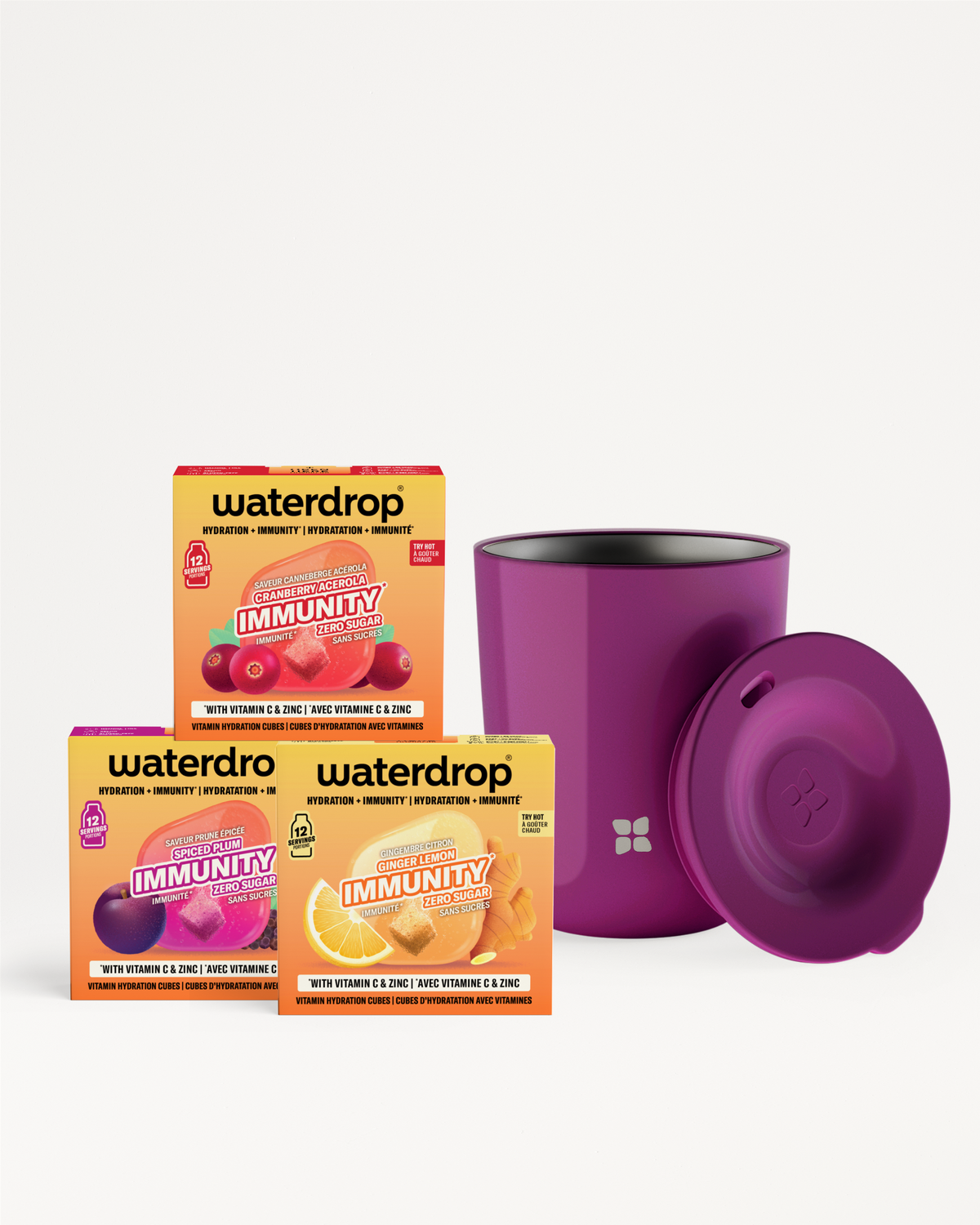 Три кутии Waterdrop Immunity со виолетова изолирана чаша со капак.