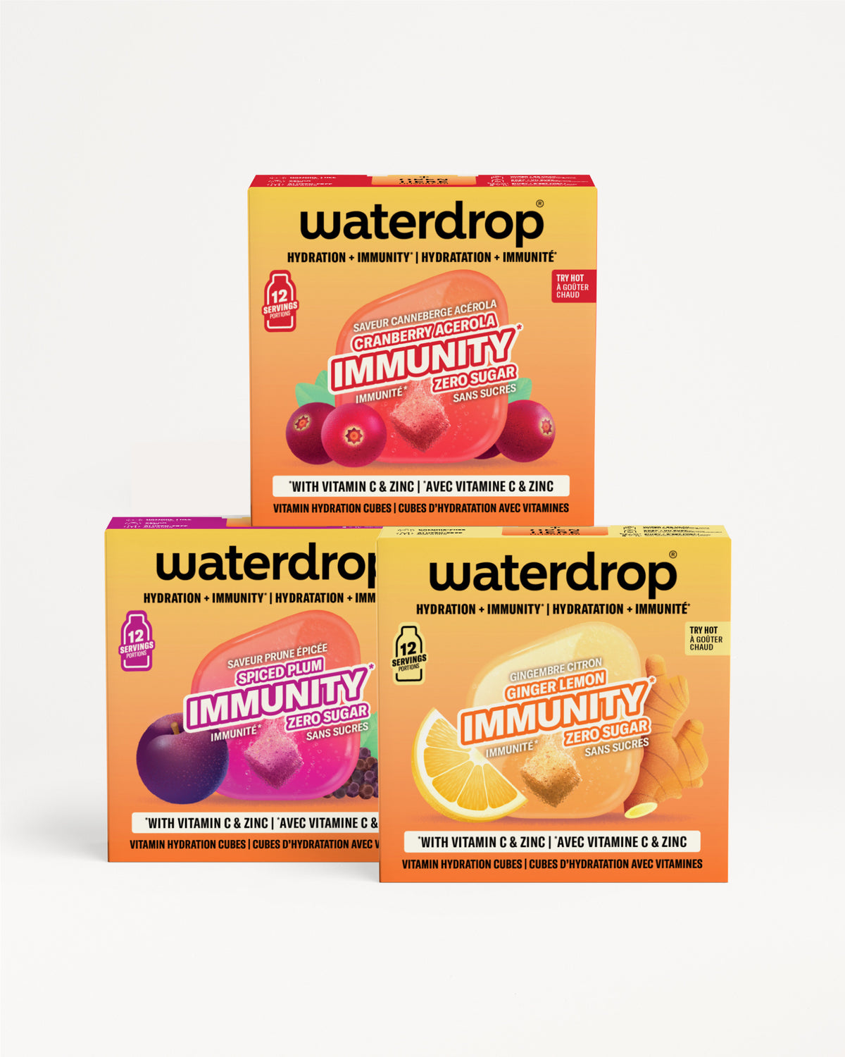 Три кутии Waterdrop Immunity поставени во пирамидална форма на бела позадина.