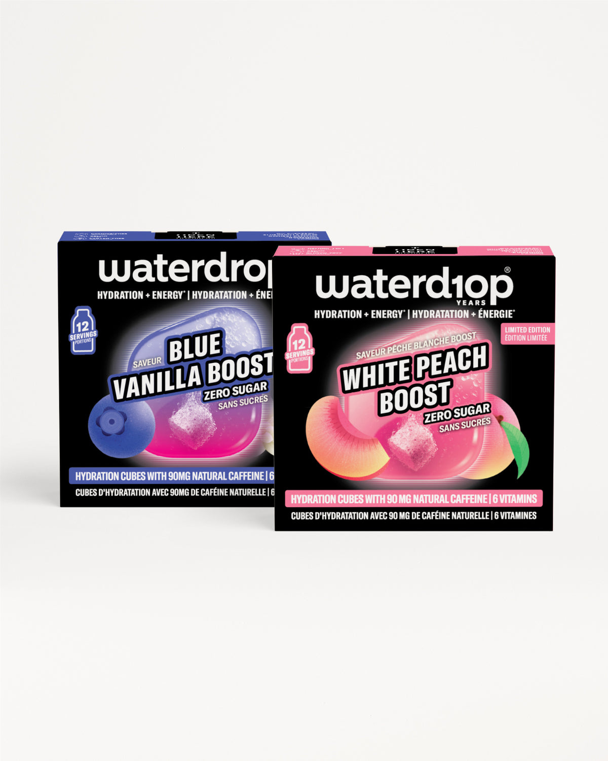 Dvi kutii Waterdrop hidratacija postaveni edna do druga na bela pozadina, edna plava tema i druga roza.