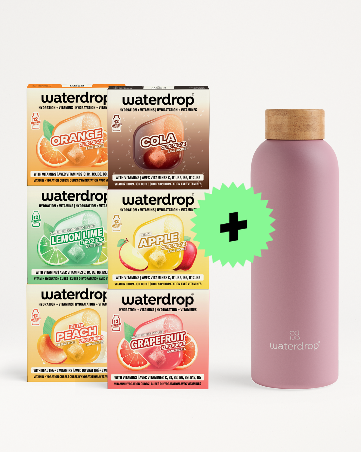 Шест кутии Waterdrop пијалок‑микс покрај розовата шише и зелено плус знаме како пакет.