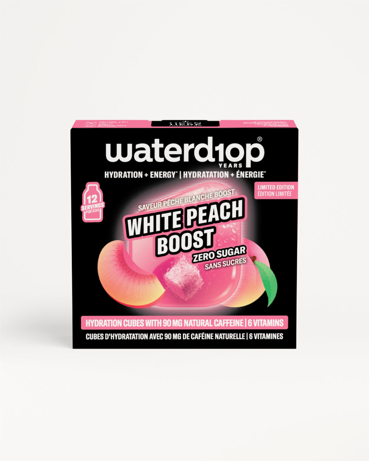 Мала црна кутија Waterdrop White Peach Boost хидратациски коцки без шеќер.
